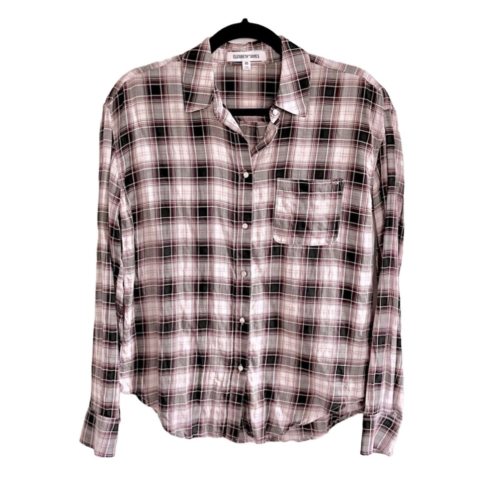 Elizabeth and James Carine Plaid Button-Down Cotton Blouse in Black/Purple/White